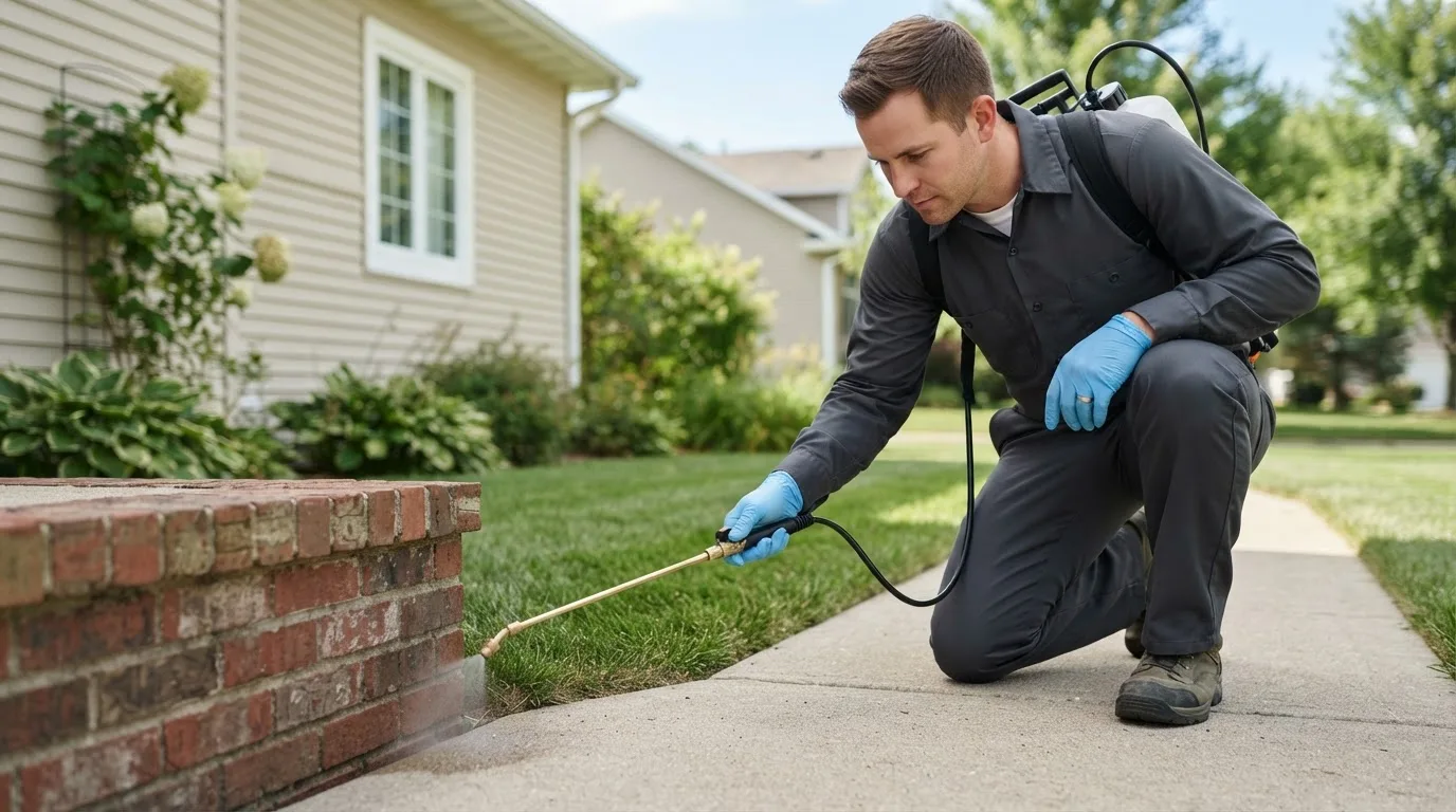 Pest control technician treating a home near Winfield, IA