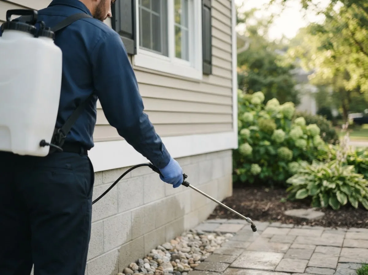 Pest control technician inspecting a home in Winfield, IA